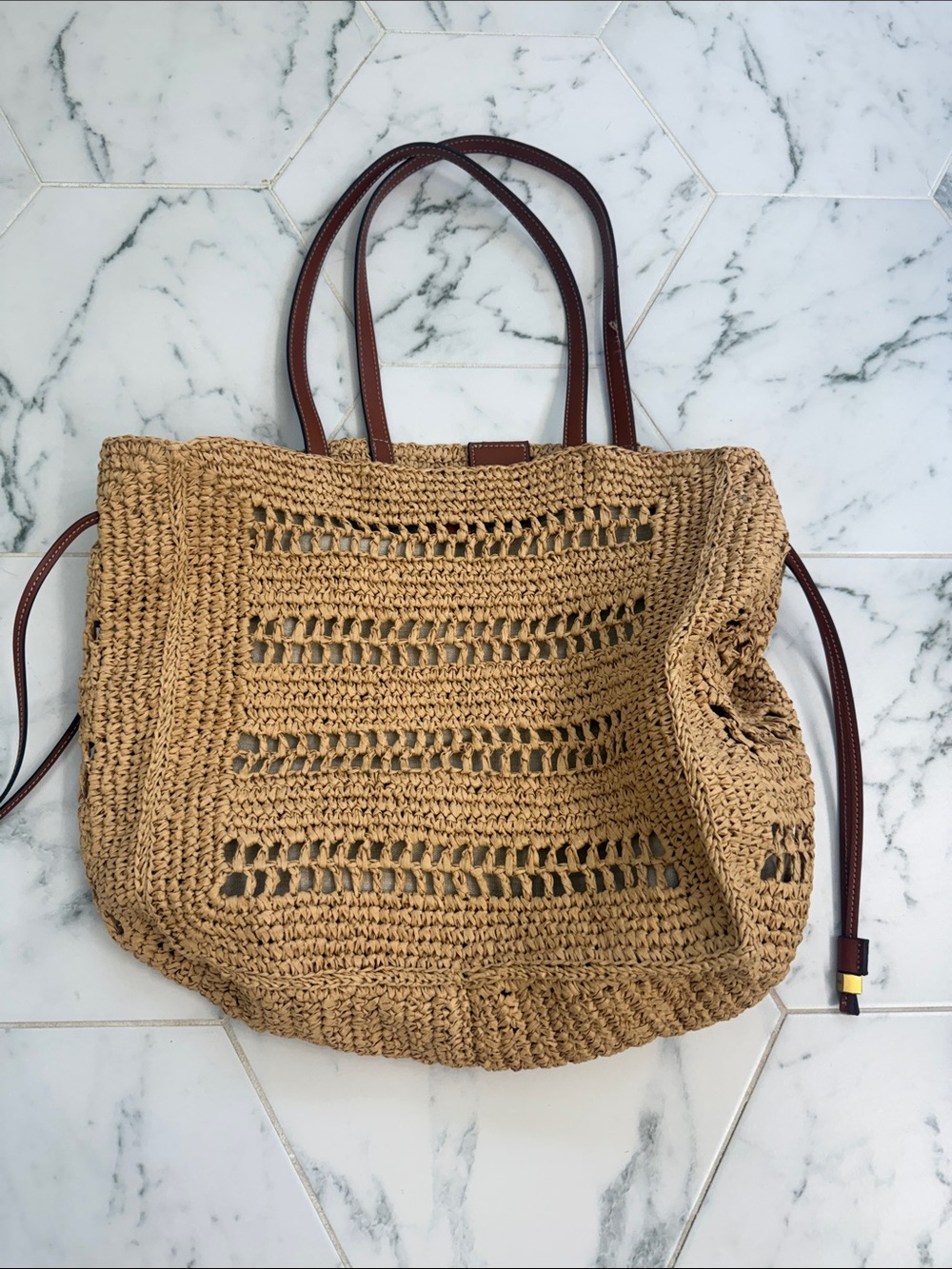 Mango Woven Straw Tote Bag with Brown Leather Accents - Picture 4 of 4